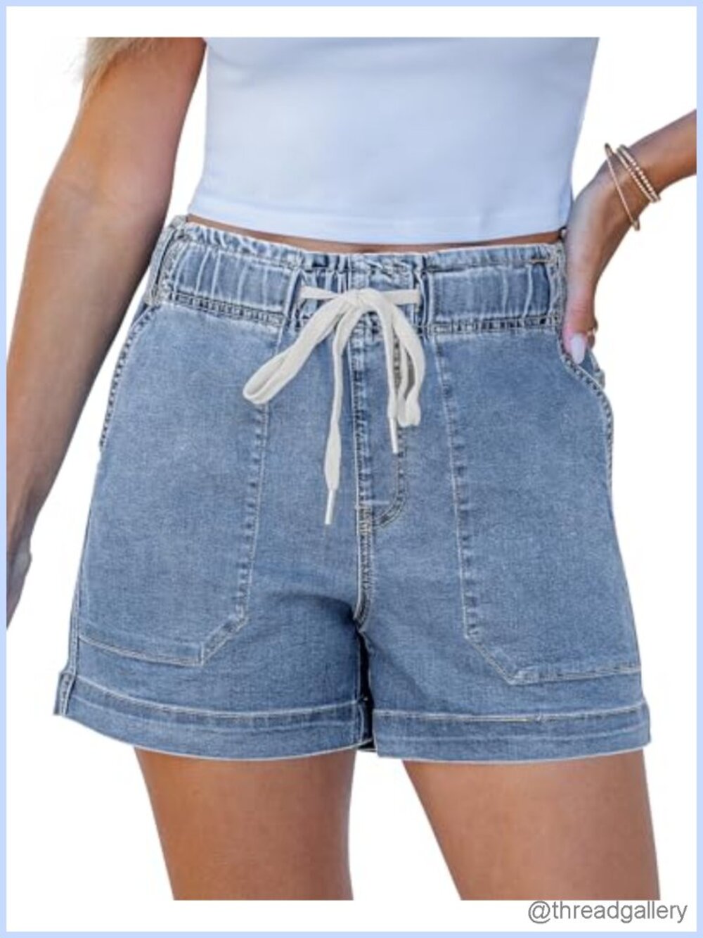 High Waisted Pull On Denim Shorts Elastic Waist Drawstring Jorts